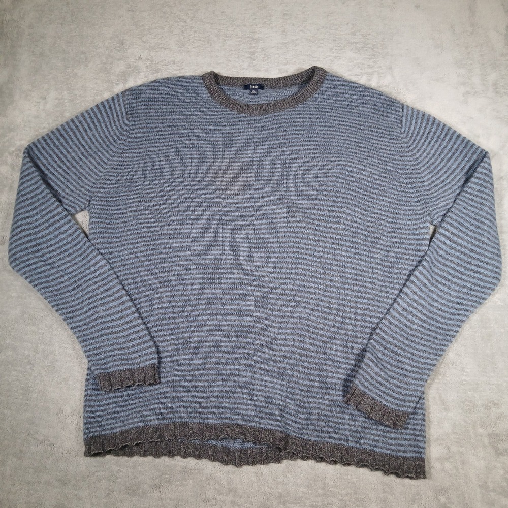 Benson Sweater Mens XL Blue Grey Striped Cotton Alpaca Blend Crewneck Knit Soft